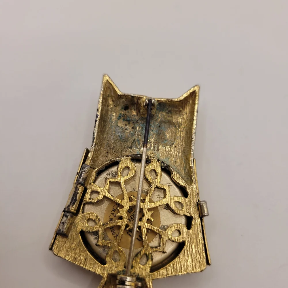 Gold Owl Brooch with Green Eyes